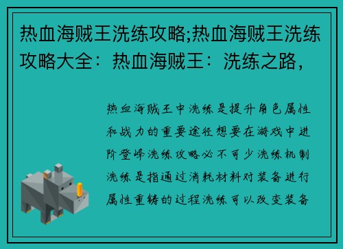 热血海贼王洗练攻略;热血海贼王洗练攻略大全：热血海贼王：洗练之路，进阶登峰